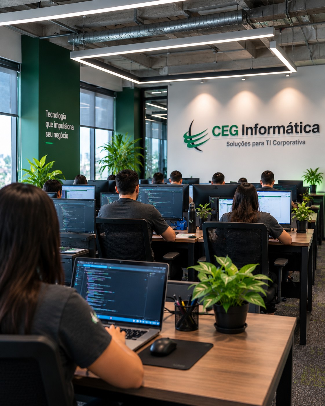 Equipe da CEG Informática trabalhando no escritório, com o logo da empresa na parede