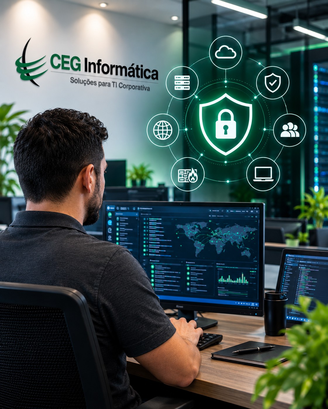 Equipe da CEG Informática reunida junto ao painel de monitoramento, com o logo da empresa na parede