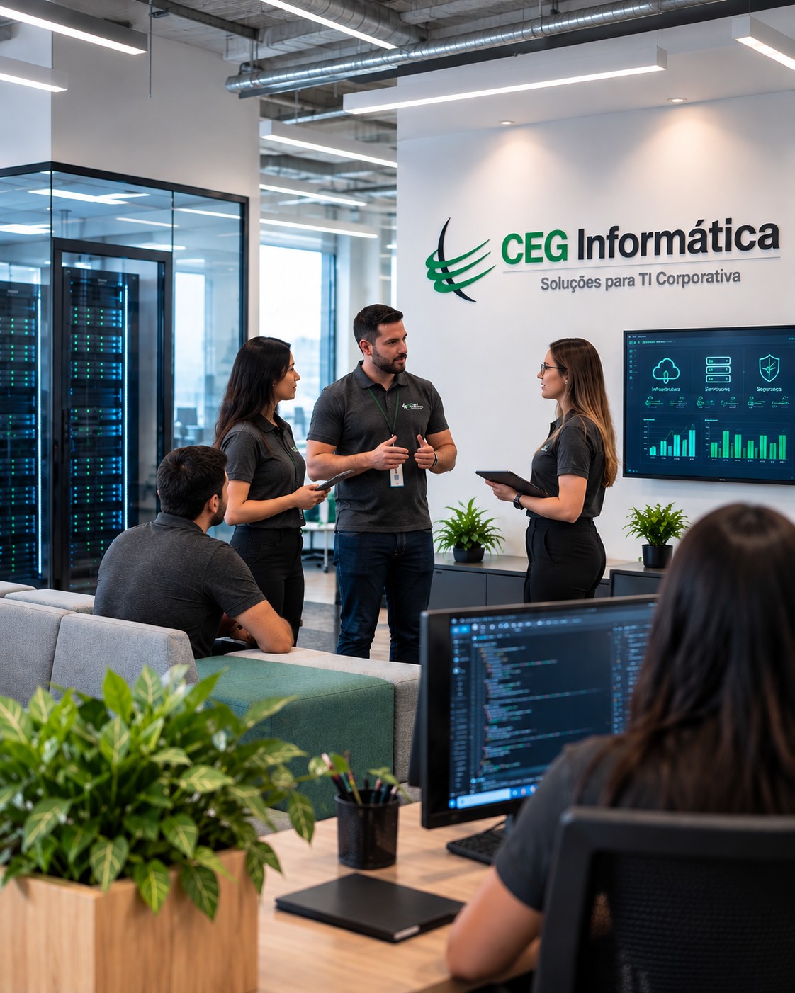 Equipe da CEG Informática reunida junto ao painel de monitoramento, com o logo da empresa na parede