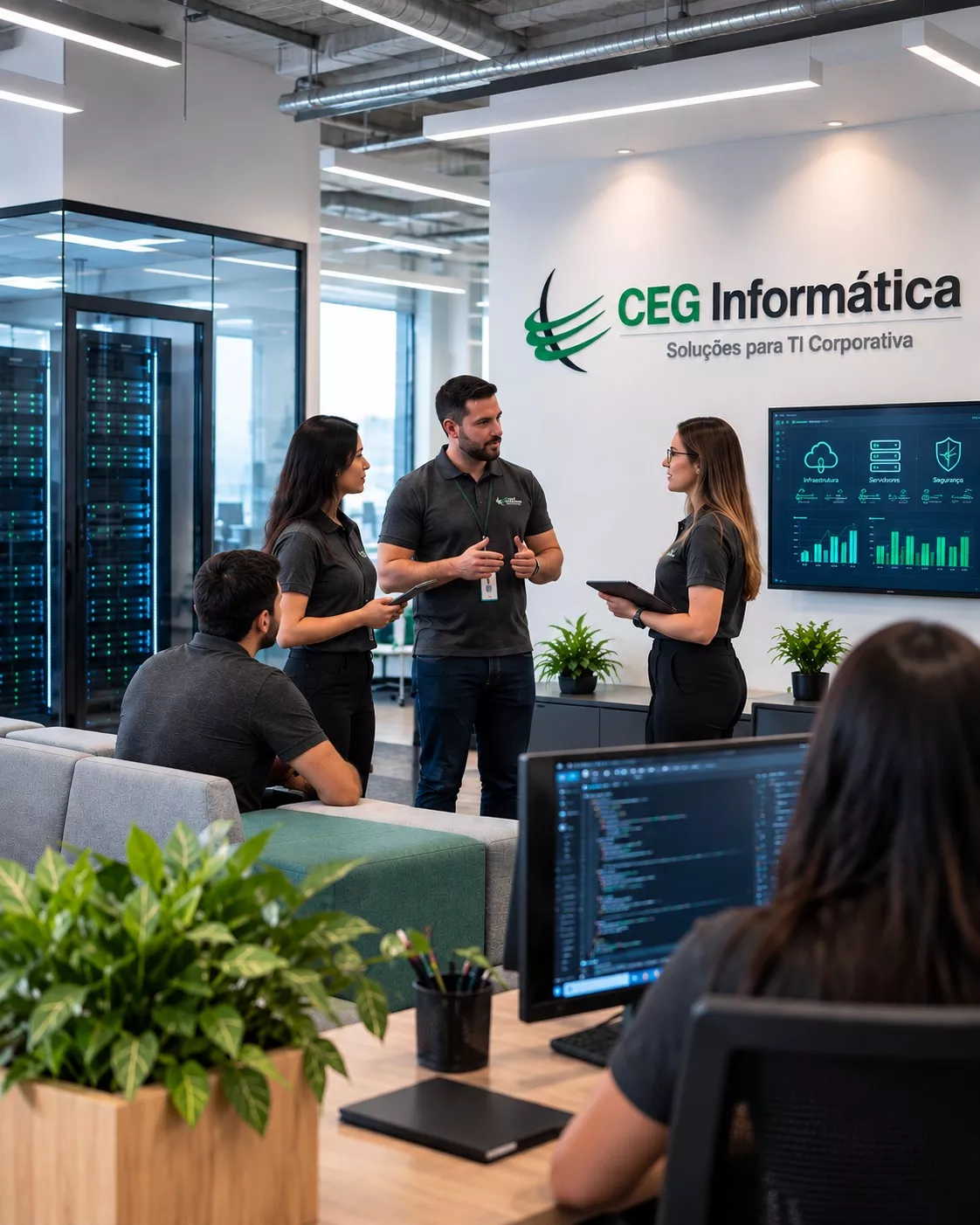 Equipe da CEG Informática reunida junto ao painel de monitoramento, com o logo da empresa na parede